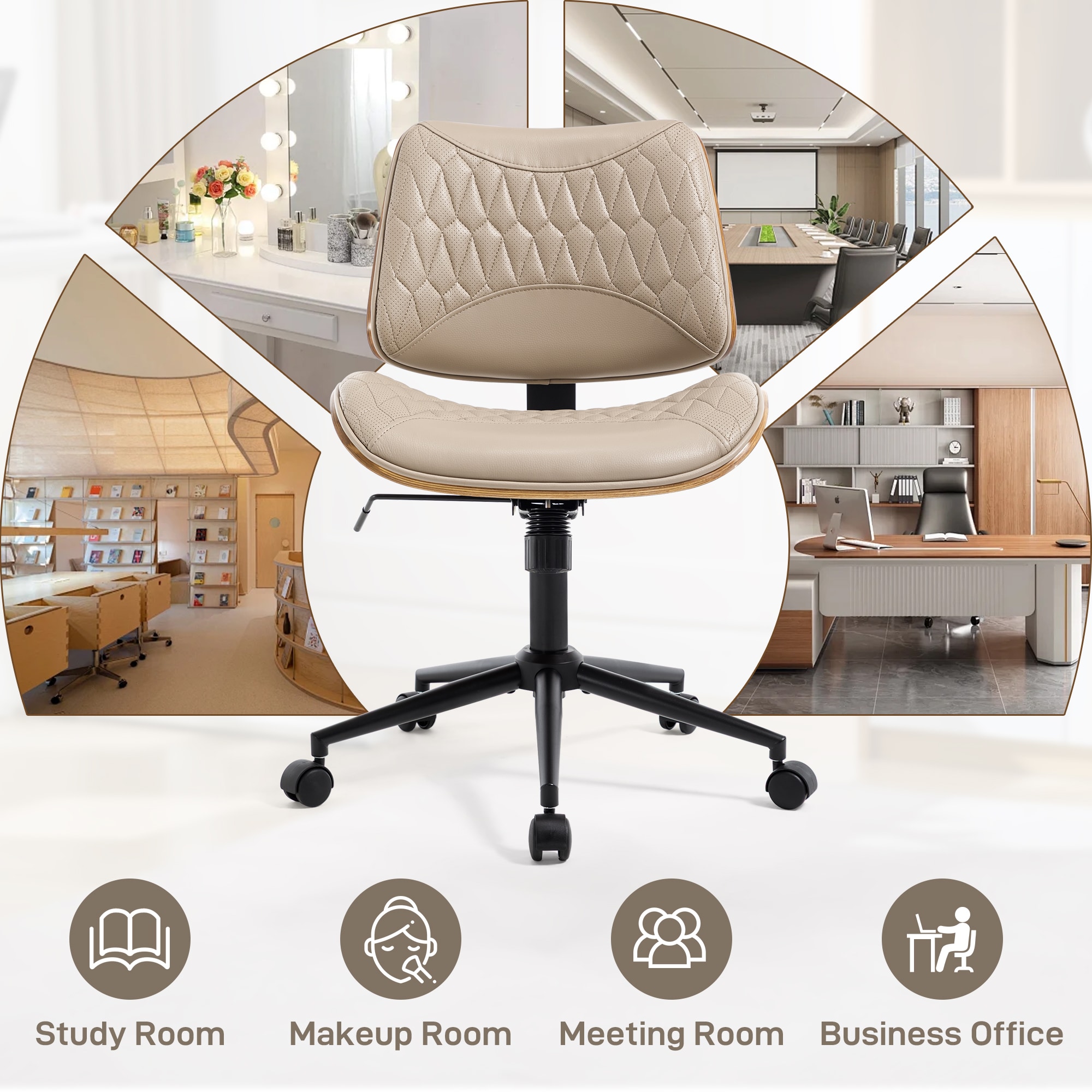 Armless Office Chair With Wheels, Adjustable Height Mid Back Small Desk Chair, Modern Walnut Bentwood Back, PU Leather Swivel Rolling Computer Task Chair For Home Office, Meeting Room, Study, Set Of 1_voghion.com